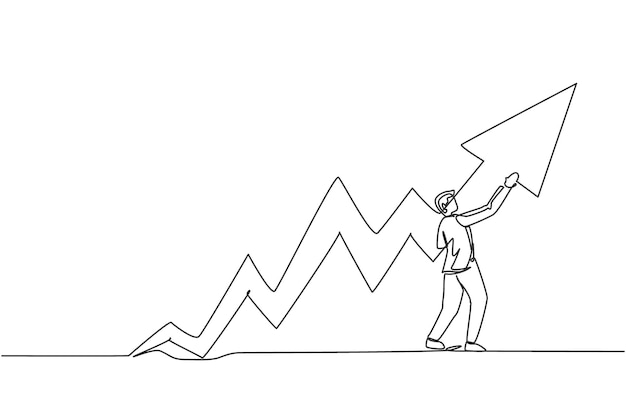 Continuous one line drawing male worker mark the sales increase up at the report graph design vector