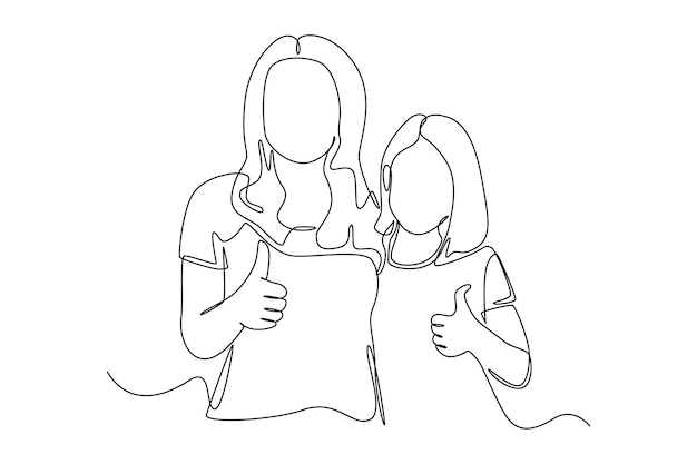 Continuous one line drawing mommy and daughter hold thumb fingers raised up Raising teens concept Single line draw design vector graphic illustration