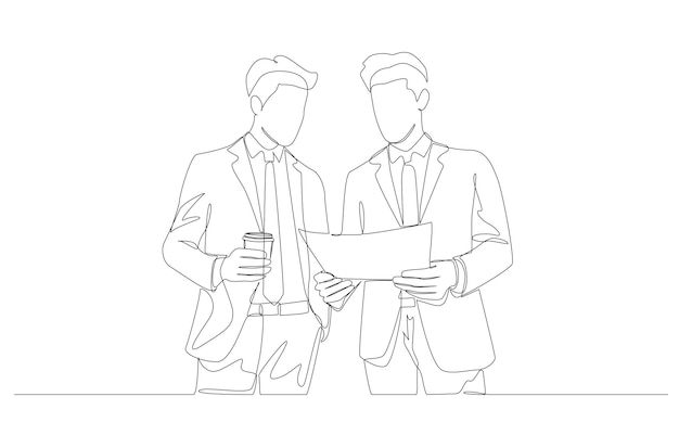 Continuous one line drawing of businessman holding report document to discuss work with colleague