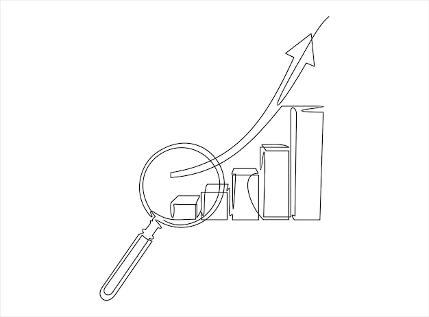 Continuous one line drawing of increasing up arrows bar graph and magnifying glass