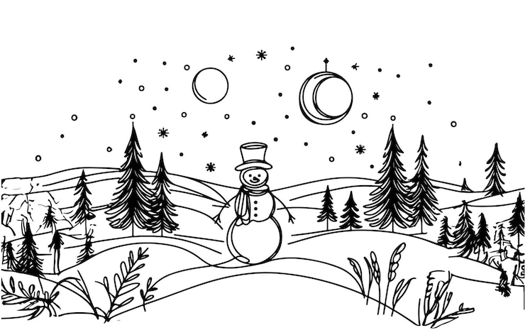 Vektor continuous one line drawing of tree and snowman festive winter card in doodle style landscape