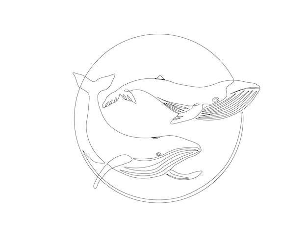 continuous one line drawing of two blue whale swimming together one line drawing illustration of blue whale swimming marine mammals concept line art editable outline
