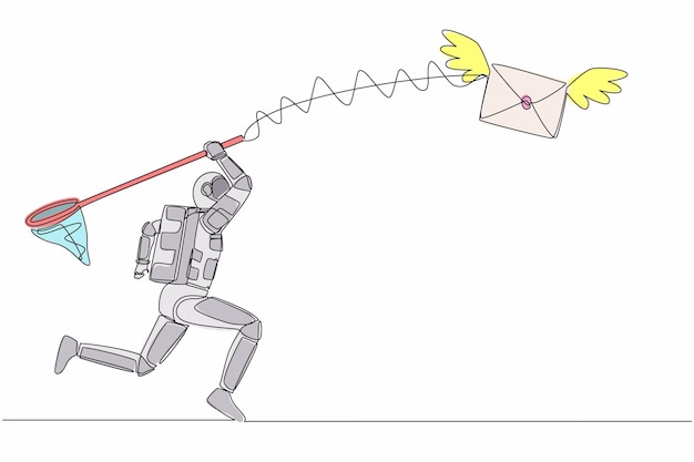 Continuous one line drawing of young astronaut trying to catch flying mail with a butterfly net