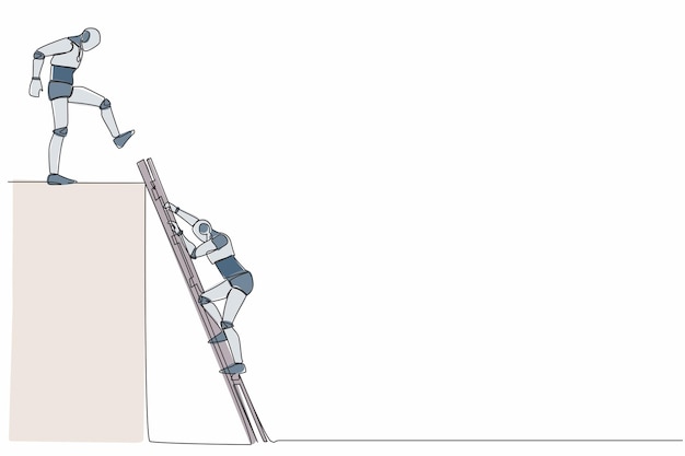 Continuous one line drawing robot kicking to make rival fall from the top ladder of success