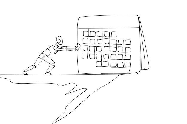 Continuous one line drawing robot pushes a giant desk calendar down from edge of cliff design vector