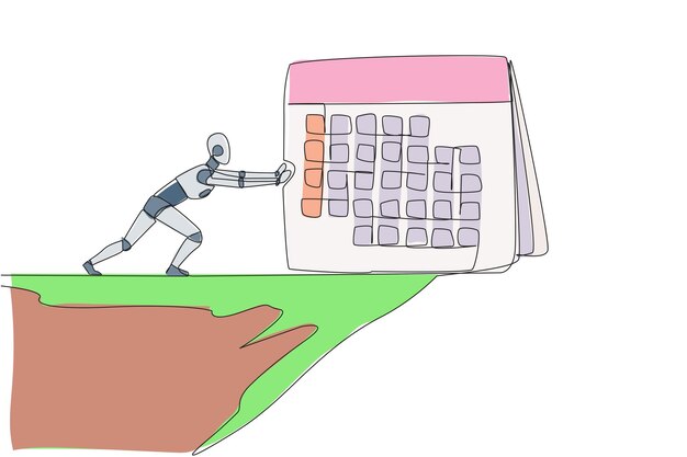 Continuous one line drawing robot pushes a giant desk calendar down from edge of cliff design vector