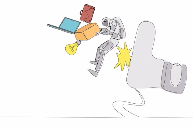 Continuous one line drawing young astronaut kicked out of work with office supplies on moon surface