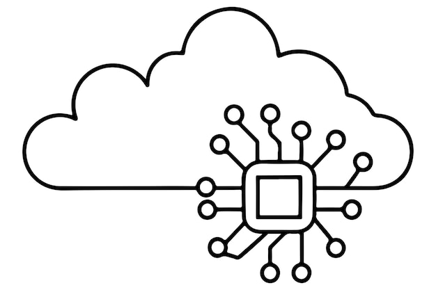 continuous one single black line art doodle drawing of ai driven data processing in cloud environment information illustration