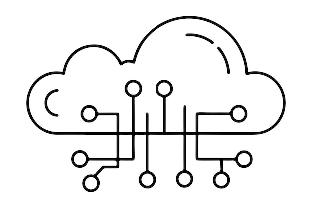 continuous one single black line art doodle drawing of AI driven data processing in cloud environment information illustration