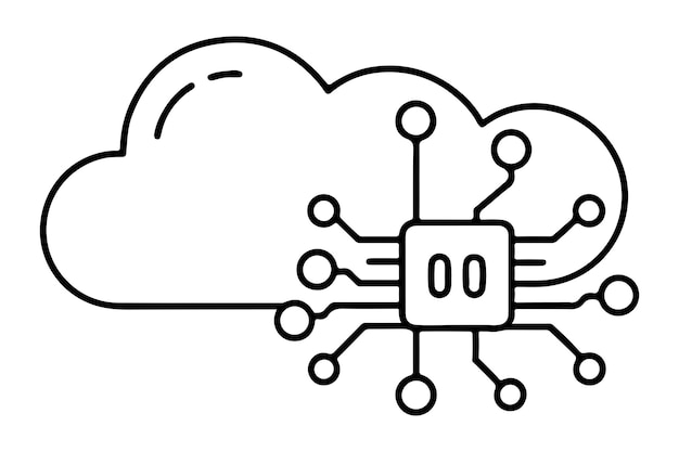continuous one single black line art doodle drawing of ai driven data processing in cloud environment information illustration