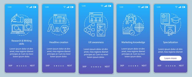 copywriting courses onboarding mobile app page screen vector tem