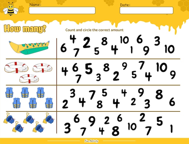Count and circle the correct number of beehive with beach cliparts