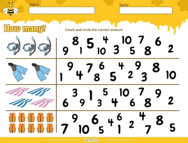 Count and circle the correct number of beehive with beach cliparts