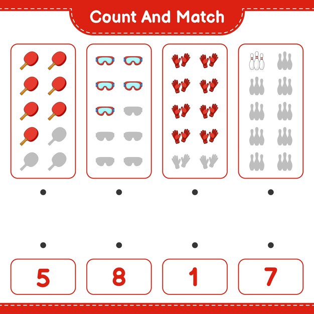 Count and match count the number of Bowling Pin Goggle Ping Pong Racket Goalkeeper Gloves and match with the right numbers Educational children game printable worksheet vector illustration