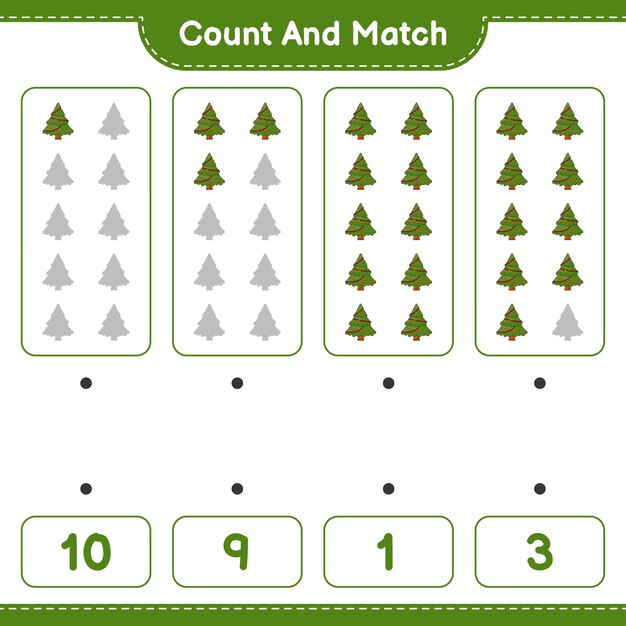 Count and match, count the number of Christmas Tree and match with the right numbers. Educational children game, printable worksheet, vector illustration