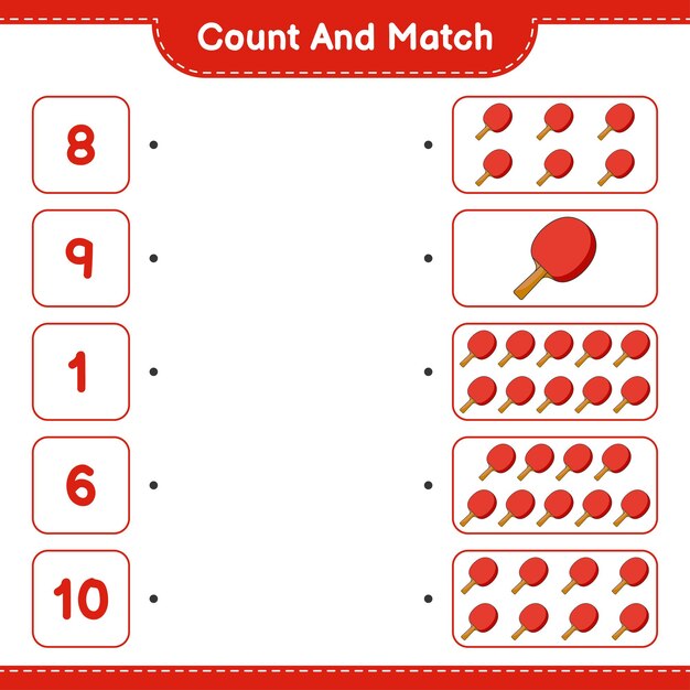 Count and match count the number of Ping Pong Racket and match with the right numbers Educational children game printable worksheet vector illustration