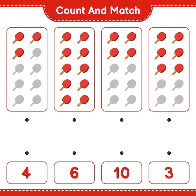 Count and match count the number of Ping Pong Racket and match with the right numbers Educational children game printable worksheet vector illustration