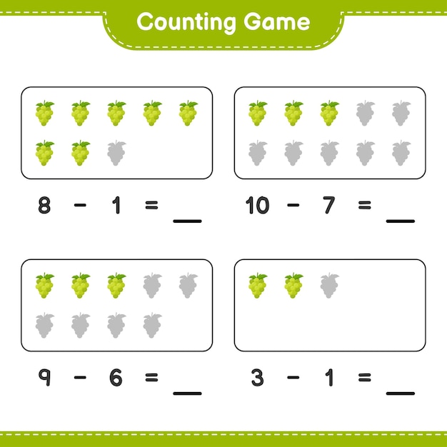 Counting game, count the number of Grape and write the result. Educational children game, printable worksheet 