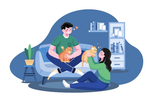 couple pampering cat illustration concept