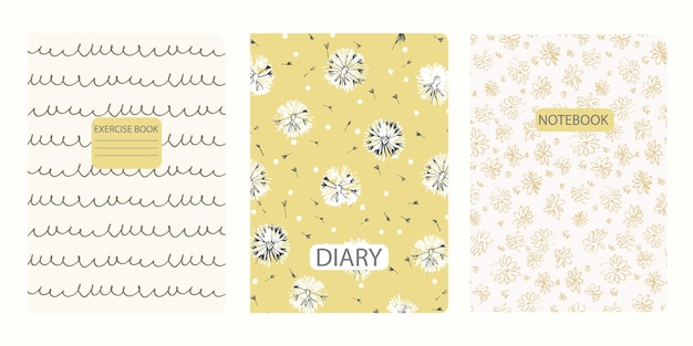 Cover page templates based on seamless patterns in boho style with dandelions wild flowers scribble Backgrounds for notebooks notepads diaries Headers isolated replaceable