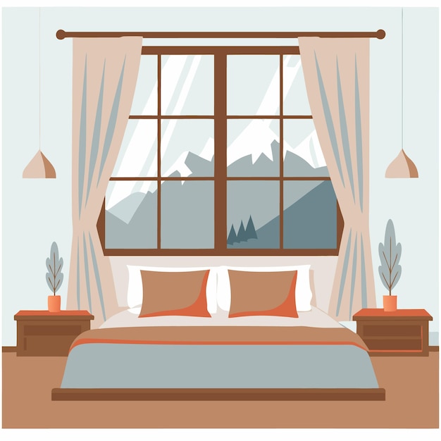 Cozy bedroom interior with mountain view perfect for home decor inspiration