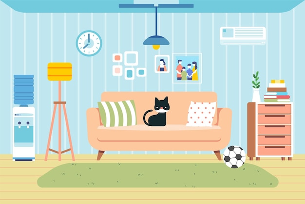 Cozy Living Room Interior furniture home cat sitting on the sofa flat illustration