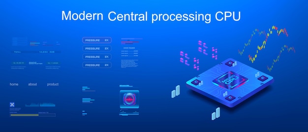 CPU Presentation of a new generation processor on futuristic background with HUD elements Modern digital CPU microchip Advanced technology and electronic systems development
