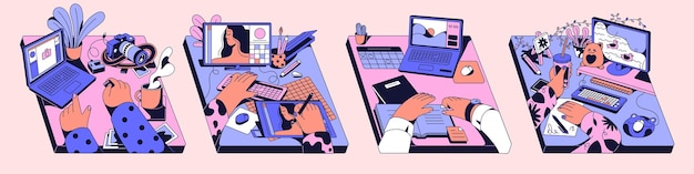 creative work set artists at workplaces with laptops computers laptop pc on desk illustrators photographers designers hands drawing editing at table isolated flat vector illustrations