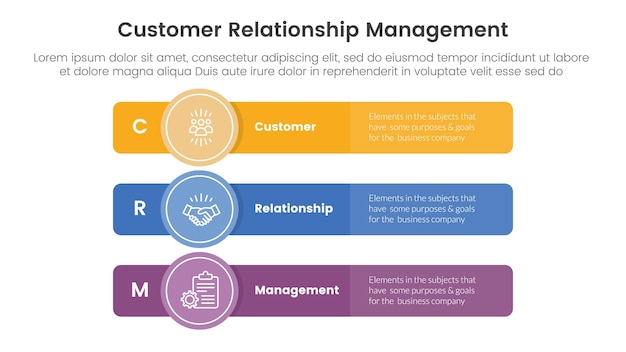 crm customer relationship management infographic 3 point stage template with long rectangle box with circle badge for slide presentation