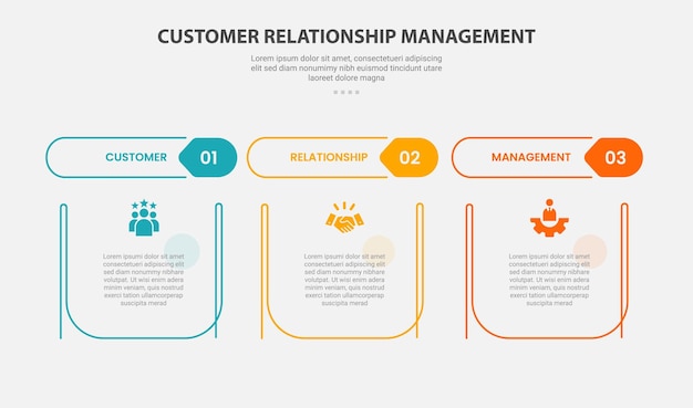 crm customer relationship management infographic outline style with 3 point template with creative table with separate header title for slide presentation