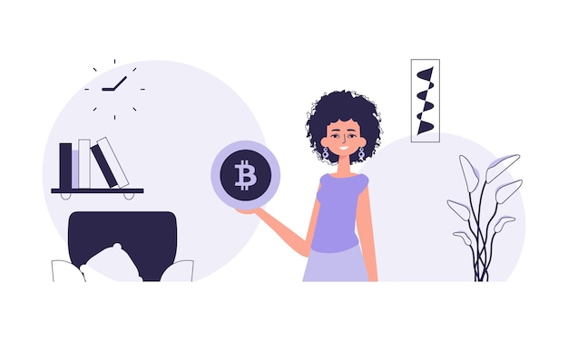 cryptocurrency concept a woman holds a bitcoin in her hands in the form of a coin character in trendy style
