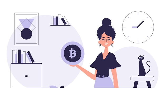 cryptocurrency concept a woman holds a bitcoin in her hands in the form of a coin character with a modern style