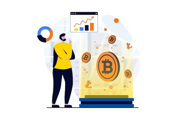cryptocurrency marketplace concept with people scene in flat cartoon design man buys bitcoins and other currencies at crypto exchange and analyzing data vector illustration visual story for web