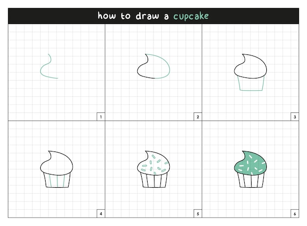 cupcake step by step vector line drawing instructions