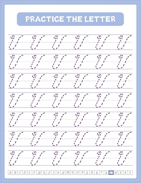 Cursive handwriting uppercase letter alphabet tracing practice worksheet with arrow direction V