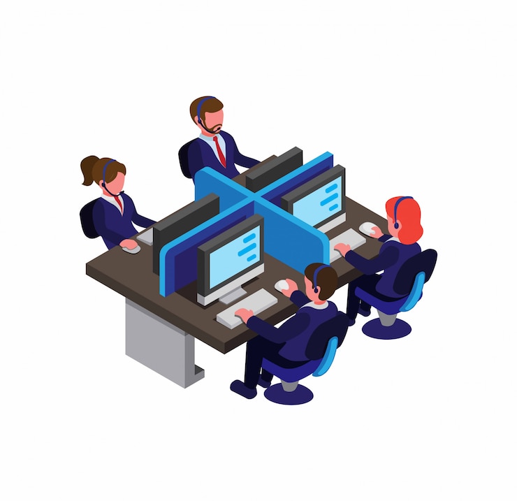 Vektor customer service, call center, man and woman in blue suit uniform working at workplace office communication with client.