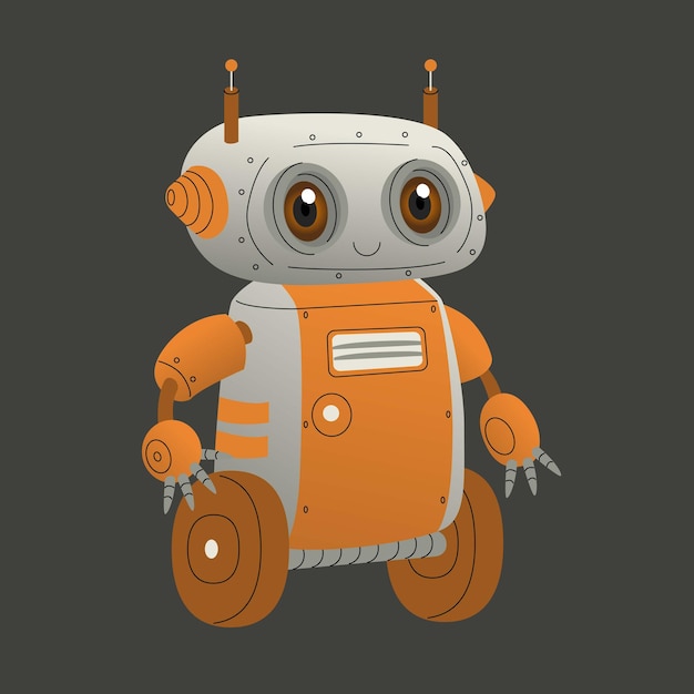 Cute cartoon robot with big eyes on wheels Friendly artificial intelligence ready to help a person Vector illustration isolated on a dark background