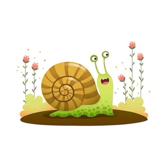 cute cartoon snail crawling in the garden on white background.