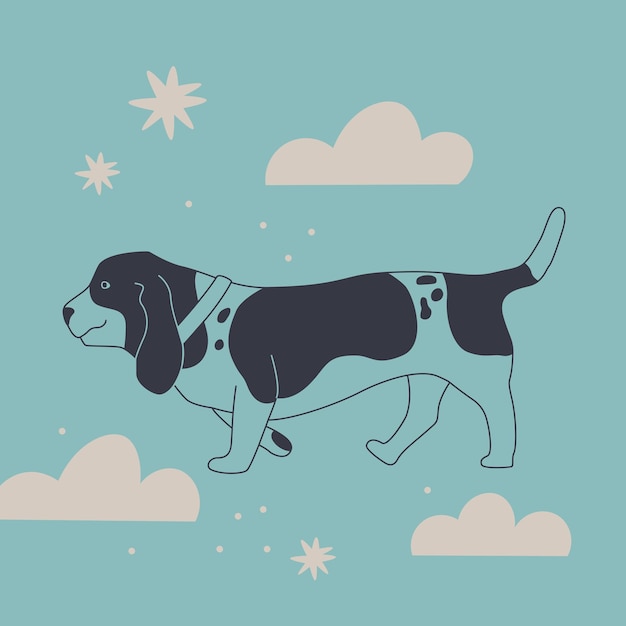 Cute dog in the clouds Basset hound in a collar walks Vector illustration