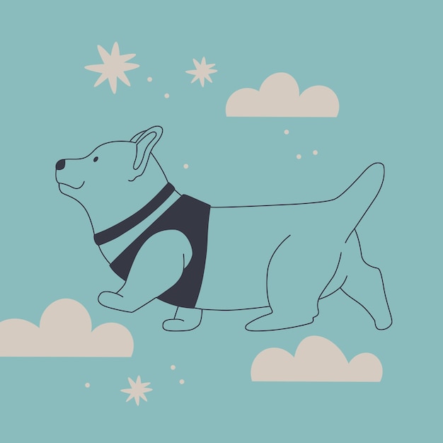 Cute dog in the clouds Corgi in a collar walks Vector illustration