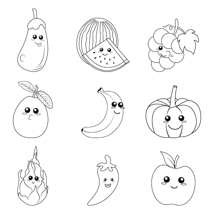 Vektor cute fruits and vegetable coloring page for kids
