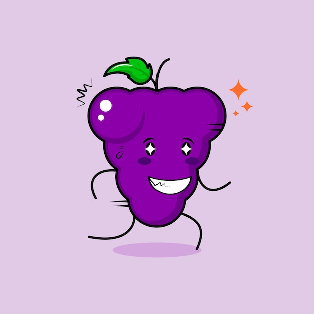cute grape character with happy expression, sparkling eyes, run and smiling. green and purple