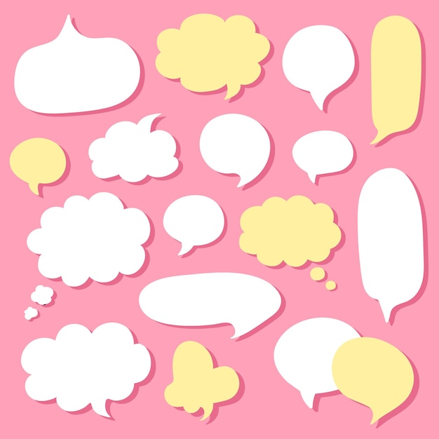 Cute hand drawn flat speech bubbles.  Big and small white and yellow chat clouds. Kawaii stickers