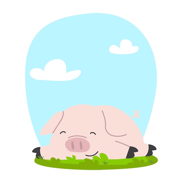 Cute pig on grass cartoon