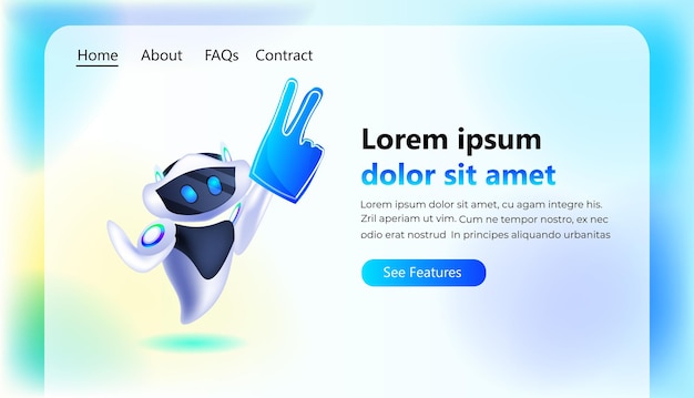 cute robot cyborg shoving victory sign modern robotic character artificial intelligence technology concept