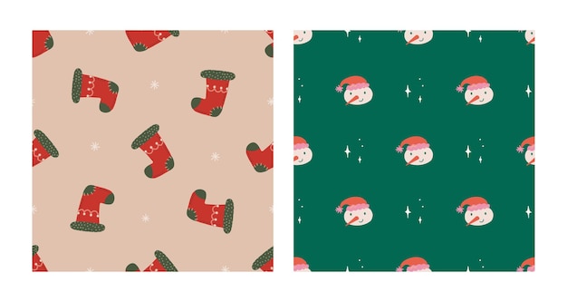 Cute snowman and sparkles christmas sock seamless pattern set Christmas and New Year concept Hand drawn retro vintage vector texture for wallpaper prints wrapping textile