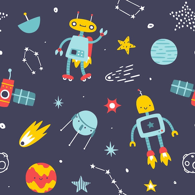 Cute space pattern with robots for kids Seamless cosmic vector print for boys textile and fabric