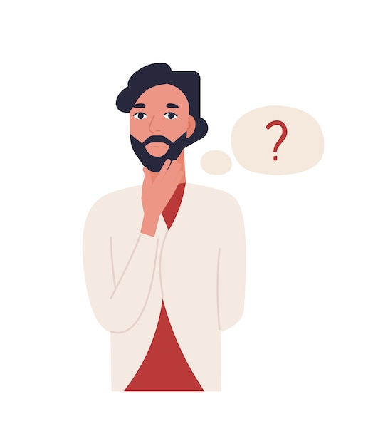 Cute thoughtful bearded man isolated on white background. Funny pensive guy and thought balloon with question mark. Male office worker solving problem. Flat cartoon colorful illustration.