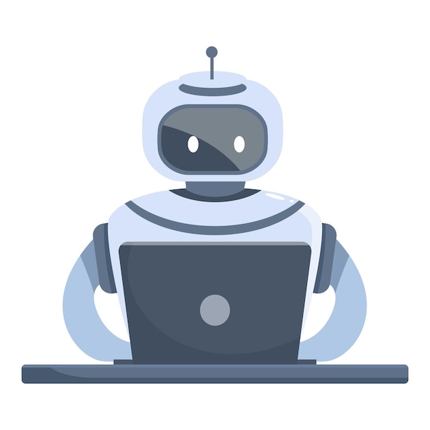 Cute white robot sitting at desk and working on laptop