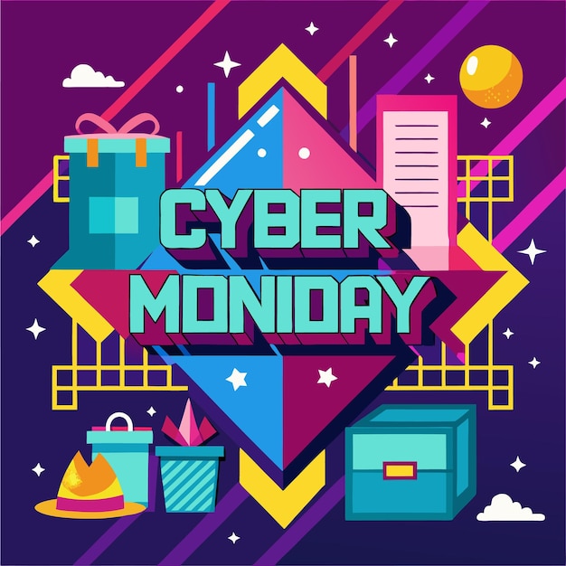Cyber Monday sale banner with geometric shapes and gifts